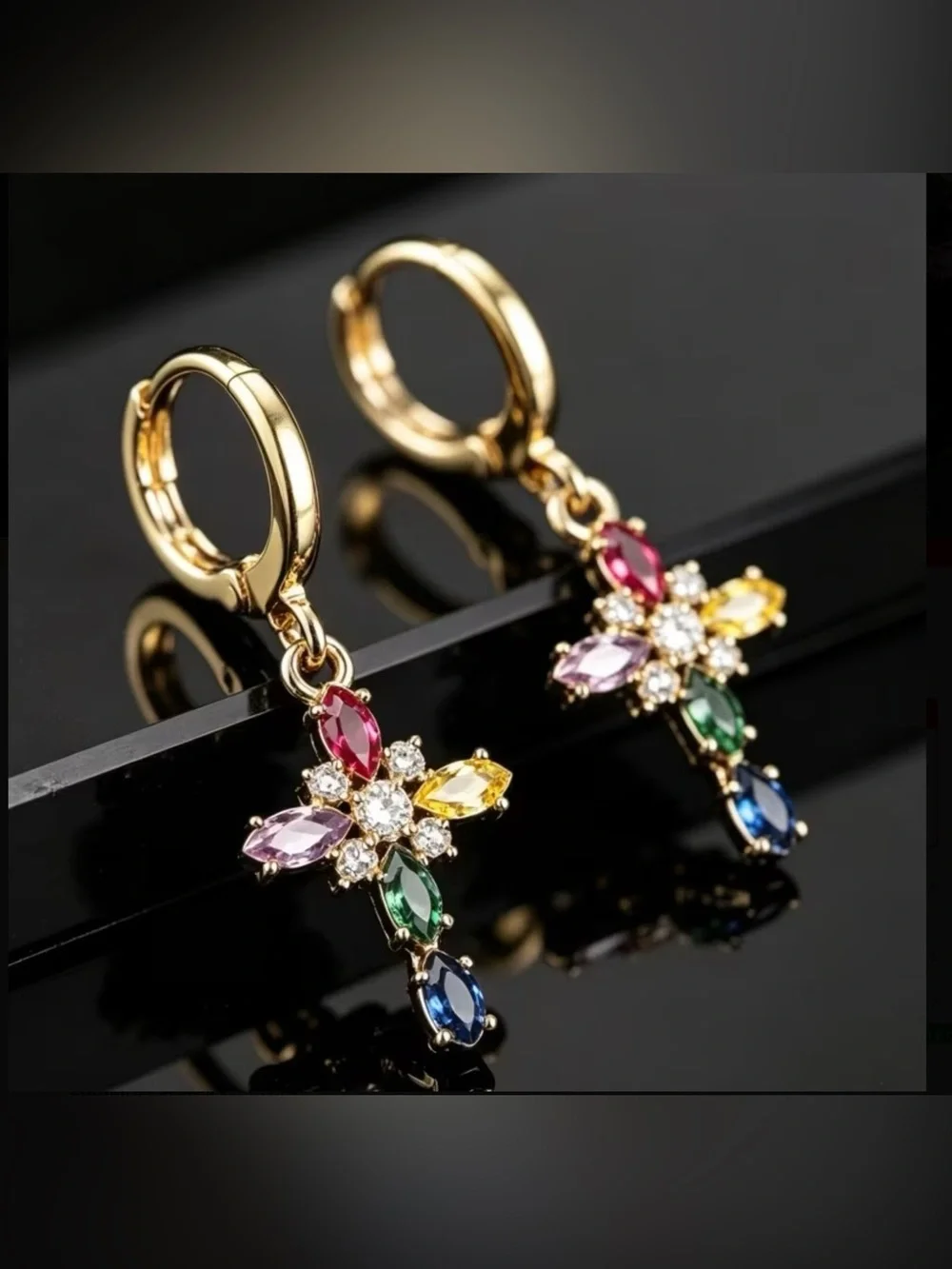 Gold Multicolor Cross CZ Drop Earrings -_10